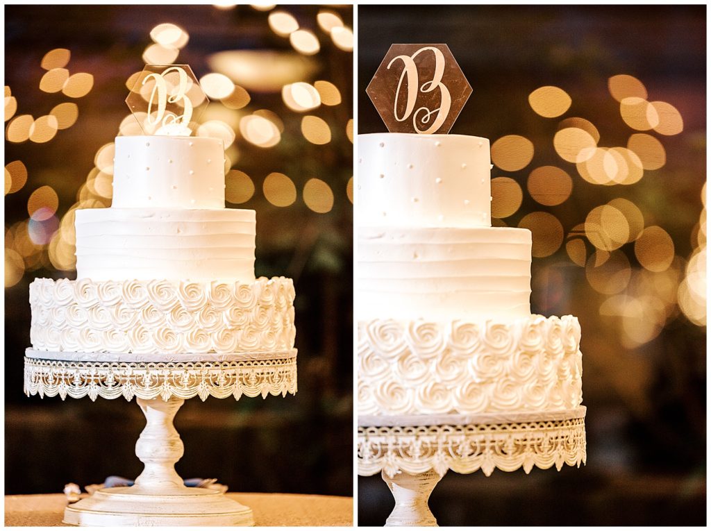 three layer wedding cake with different textures
